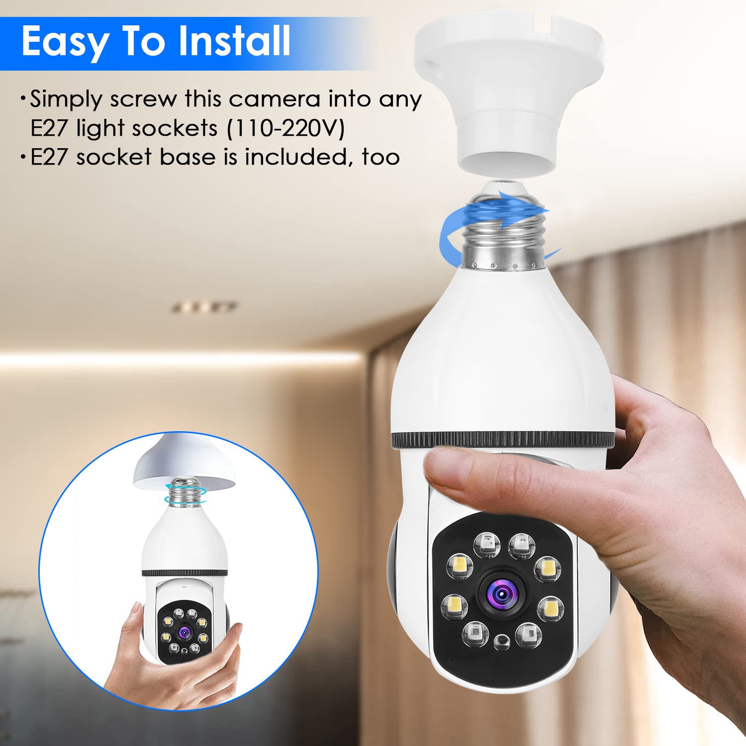 1Pc E27 WiFi Bulb Camera 1080P FHD WiFi IP Pan Tilt Security Surveillance Camera With Two-Way Audio Full Color Night Vision Flood Light Motion Tracking Siren Function APP Control