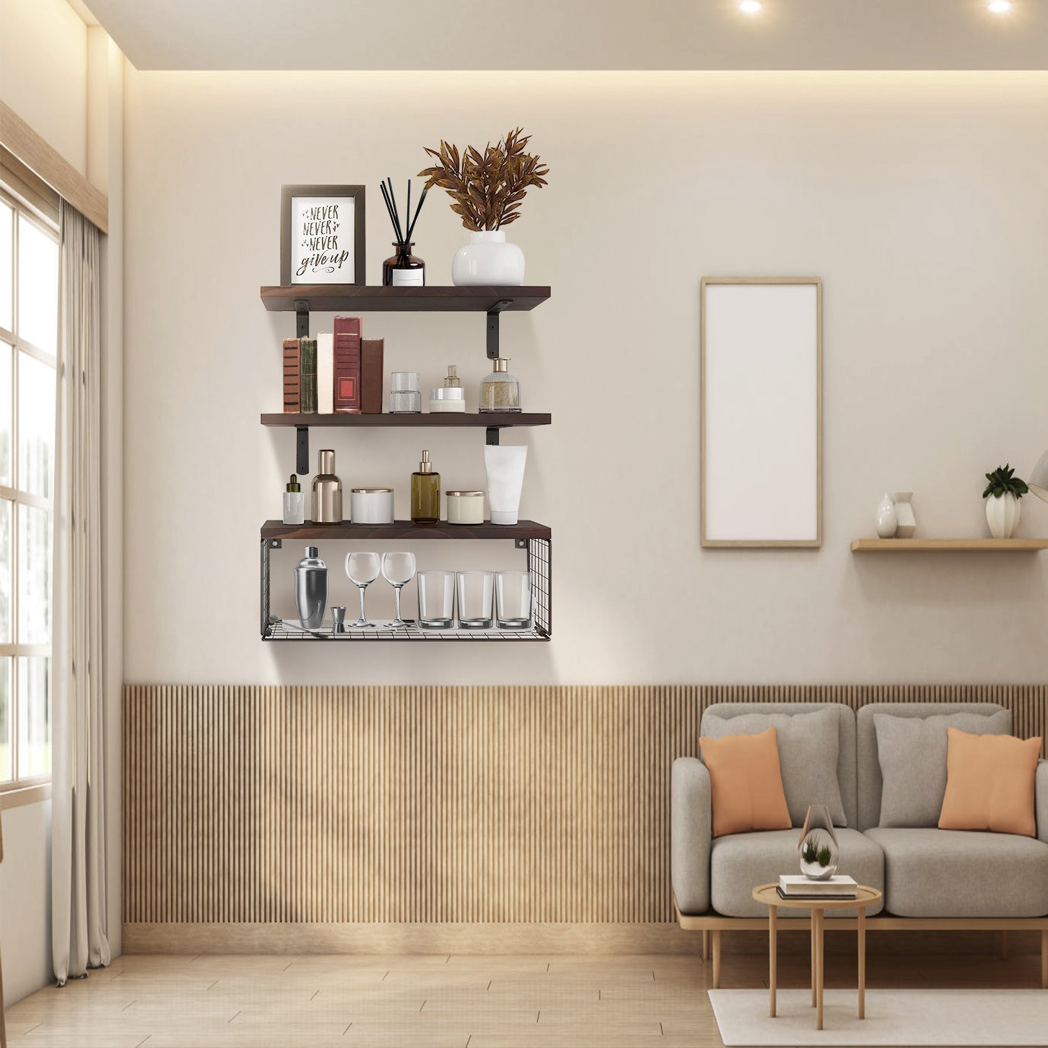 2 In 1 Floating Shelves Wall Mounted With Storage Basket Bathroom Shelves Over Toilet Wooden Shelves For Bedroom Living Room Kitchen Office Wall Decor Plants